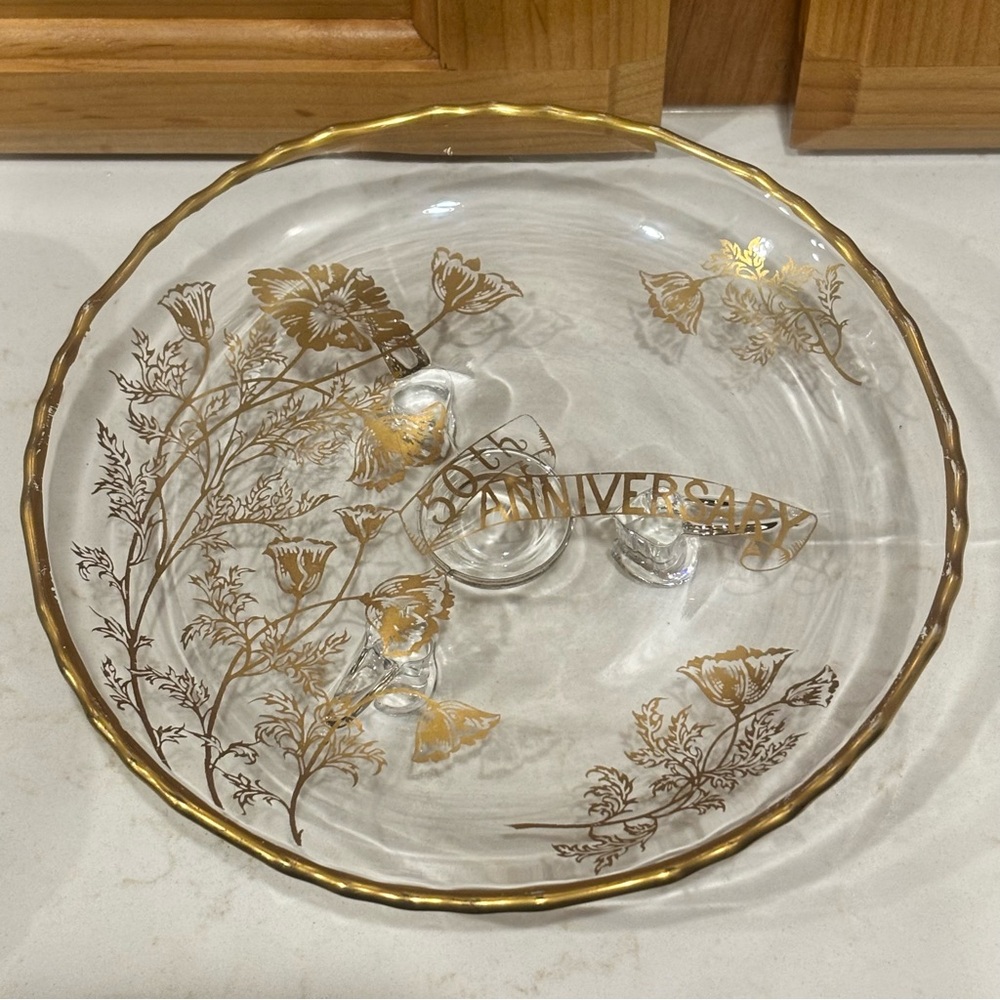 Vintage 50th Anniversary Clear Footed Scalloped Glass Plate Gold Trim W Flowers